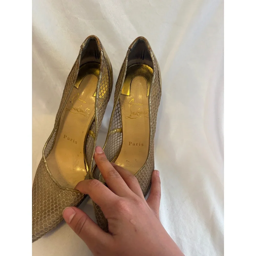 Christian Louboutin Follies Resille Gold Mesh Red Bottom Pumps Heels 36.5
